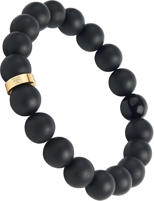 Forge & Foundry Men’s Matte Black Solid Onyx Beaded Bracelet | 10mm, 8mm, 6mm Bead Size Options | Signature Stainless Steel Engraved Bead | Andalus