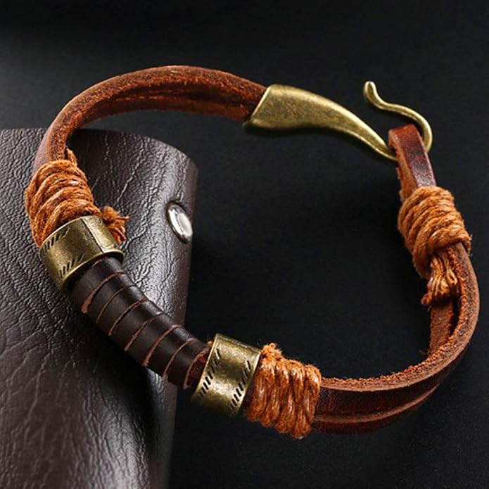 Mens Genuine Leather Bracelet - Handmade Adjustable Leather Cuff Bracelet punk Style leather wrap Wristband for Men