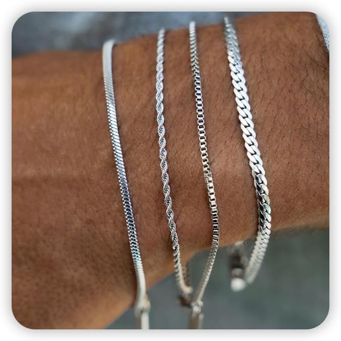 Mens Bracelet - Dainty Gold/Silver Chain Bracelet Stack 14K Gold Plated Silver Bracelets for Men Stainless Steel Adjustable Cross Charm Cuban Link Bracelet Snake Jewelry Set to Men Dad Birthday Day