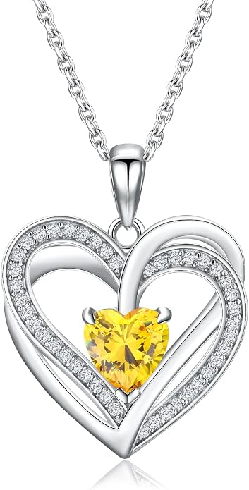Anniversary Charm Necklace, Sterling Silver 14K Gold Plated Chain with Interlocking Heart Pendant Elegant Birthstone Necklaces for Women, Length 18"