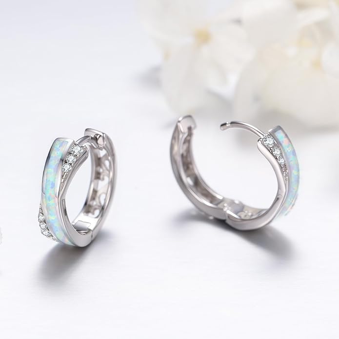 MEDWISE Mothers Day Gifts for Mom Multi Colored Opal Hoop Earrings for Women 925 Sterling Silver Huggie Hoop Earrings Jewelry Gift for Women Daughter Wife Mom Friends