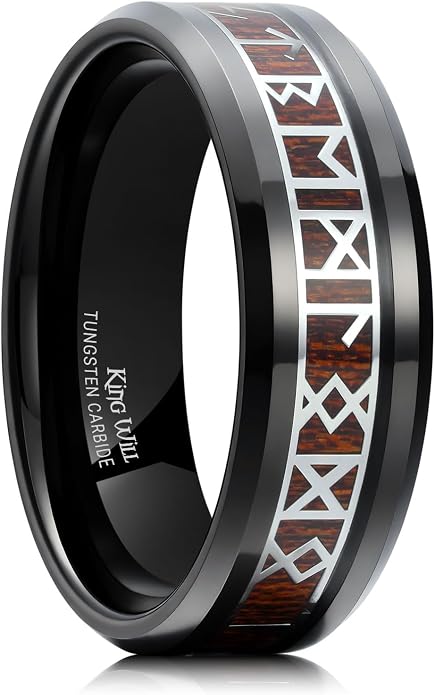 King Will Tungsten Carbide Wedding Band for Men - 8mm Black/Silver/Gold Plated with Norse Viking Rune & Hawaii Koa Wood Inlay Mens Ring, Polished Beveled Edge for Daily Wear, Comfort Fit Size 7-14