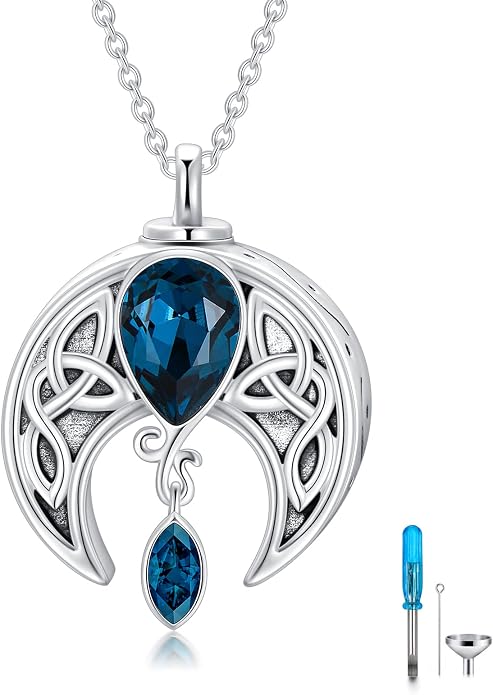 AOBOCO Sterling Silver Celtic Crescent Moon Goddess Pendant Irish Good Luck Necklace with Birthstone Crystal, Celtic Moon Jewelry Gift for Women Mom Wife
