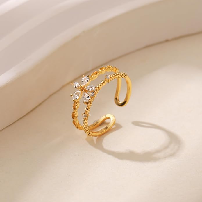 LOVECOM 925 Sterling Silver Butterfly Daisy Flower Rings for Women Mothers Self Love Ring for Myself Adjustable Gold Layered Colorful Opal Cubic Zirconia Stackable Ring Jewelry Gifts to Daughter