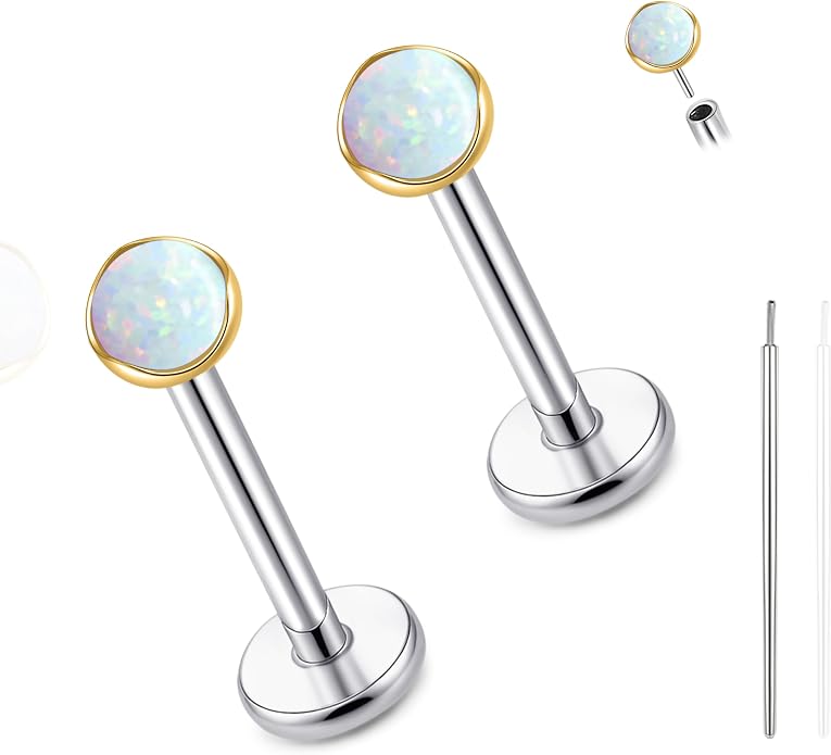 limerencia 18G Hypoallergenic Titanium Opal Threadless Nose Stud Earrings, 2PC Flat Back Push in Stud Earrings Labret Medusa Monroe Helix Cartilage Tragus Conch Piercing Jewelry for Women Men