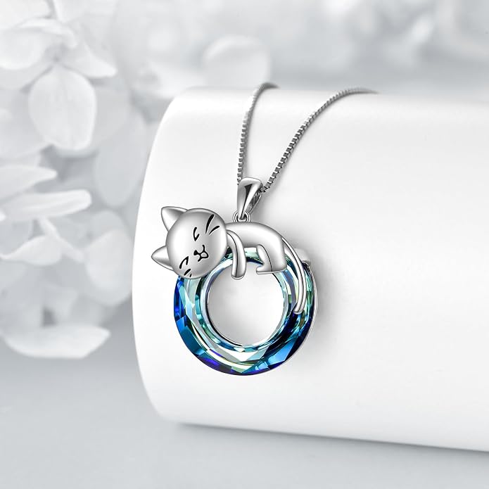 Cat Necklace Sterling Silver Cat Zircon Pendant Gothic Jewelry for Women Animal Lovers Gifts
