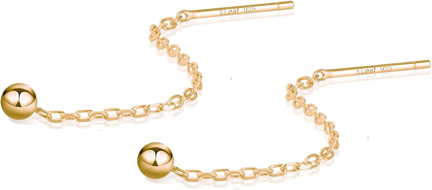 S.Leaf Threader Earrings for Women 925 Sterling Silver Gold Plated Hypoallergenic Backless Ardant Chain Duster Tassel Drop Double Piercing Pull Through Earrings for Women Trendy