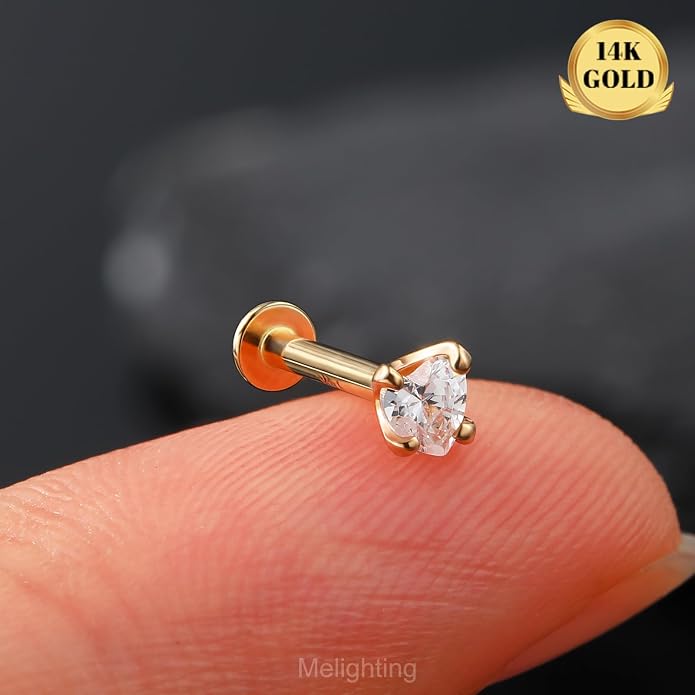 Melighting 14K Solid Gold Cartilage Earring - 16G Gold Heart Flat Back Earring - Star Helix Piercing Jewelry - Internally Threaded Curved CZ - 8mm