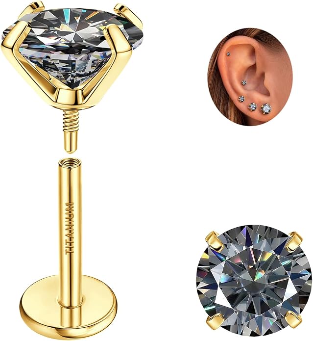 GEMQUEEN Moissanite Earrings G23 Titanium Extended Internal Thread Flat Back Earrings Hypoallergenic Tragus Cartilage Helix Conch Piercing Jewelry for Women Men 18G 6/8mm Post Gray/D Color 0.2-3CT