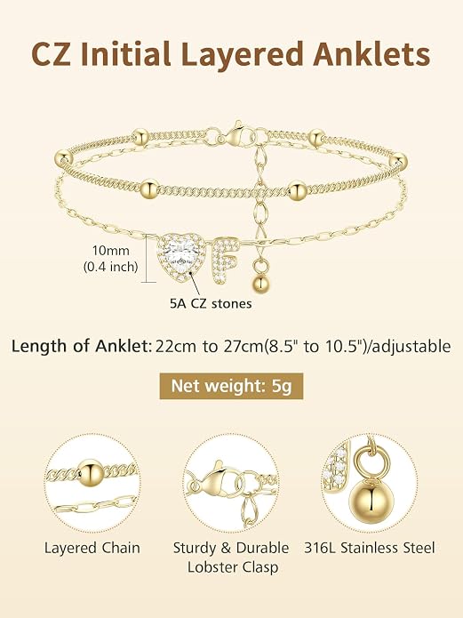 FindChic Silver/14K Gold Plated Layered CZ Initial Ankle Bracelet for Women | Waterproof Stainless Steel, Cubic Zirconia Letter Charm, Non-Tarnish, Hypoallergenic, Adjustable Extender, Summer Jewelry