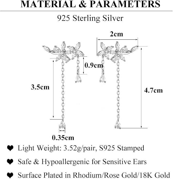 SLUYNZ 925 Sterling Silver Dainty CZ Flowers Wrap Earrings Dangle Chain for Women Elegant Dangling Earrings Bridal Earrings Wedding Engagement Drop Earrings Prom Engagement Party Jewelry