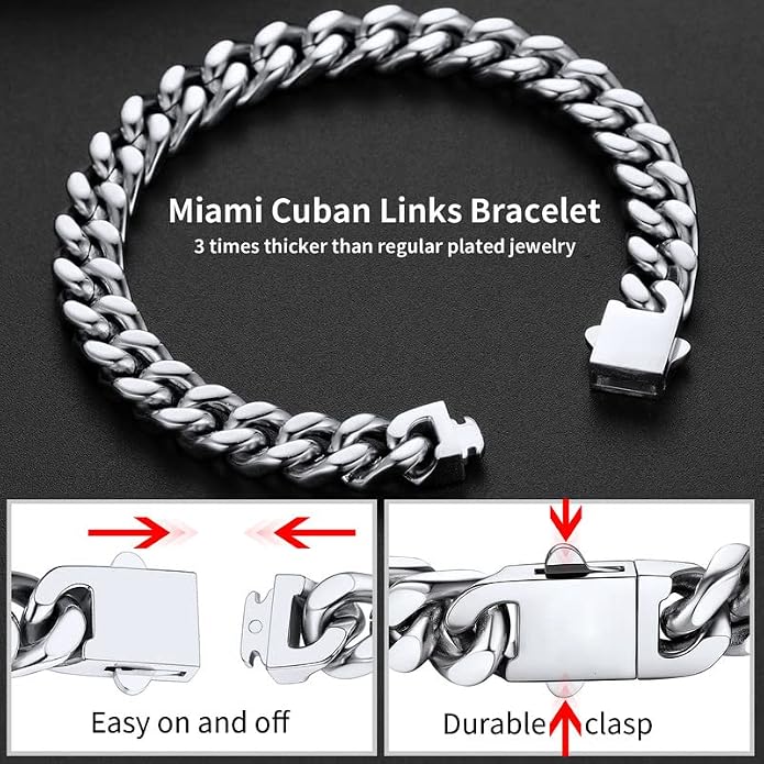 ChainsHouse Stainless Steel Cuban Link Bracelet for Men, 5mm/7mm/9mm/12mm Width, 7.5"/8.3"/9" Length, Black/18K Gold Plated Chain Wrist Bracelets for Men, with Gift Box