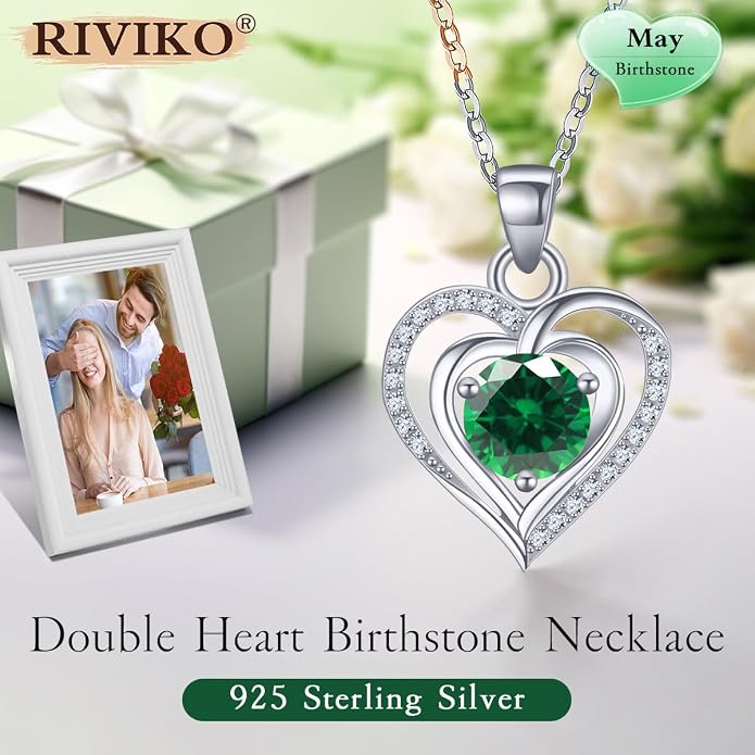 RIVIKO Heart Birthstone Pendant Necklace for Women 925 Sterling Silver Zirconia Necklaces Valentine's Day Anniversary Birthday Mothers Day Jewelry Gifts For Her Mother Wife