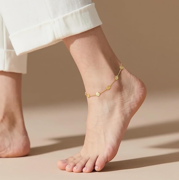 14K Gold Anklets for Women Gold Ankle Bracelets for Women Beach Anklets Romance on Coin Portrait Relief Dainty Coin Anklet for Womens Ankle Bracelets With Adjustable Size (9.4-11) in