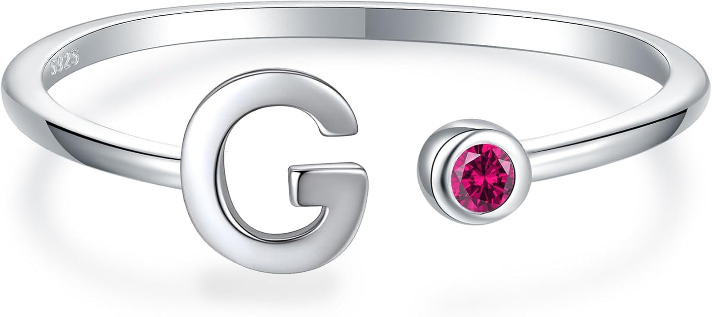 925 Sterling Silver Initial Letter Birthstone Rings for Women Adjustable 1-12 Month Birthstone Alphabet Stacking Ring for Teens Girls Stackable Birthstone Rings Birthday Jewelry Gift for Daughter Mom