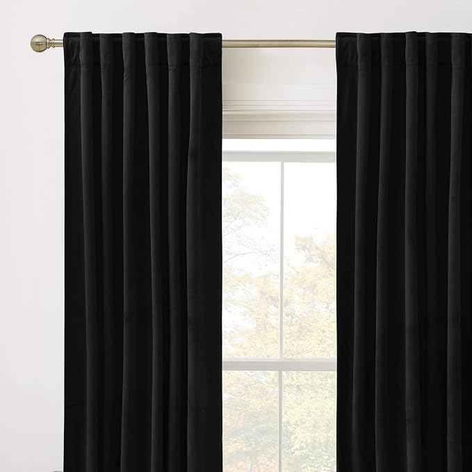 RYB Home Black Velvet Curtains 90 inches - Blackout Heavy Duty Curtains Soft Luxury Back Tab Window Covering Privacy Protection for Kids Room Bathroom Basement, Black, W52 x L90 inches, 2 Panels