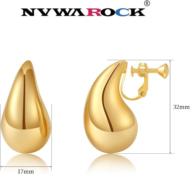 Gold Drop Clip On Earrings Dupes Teardrop Chunky Non Pierced Earring 14K Real Gold Plated Hypoallergenic Lightweight Earrings for Women（Gold and Silver）
