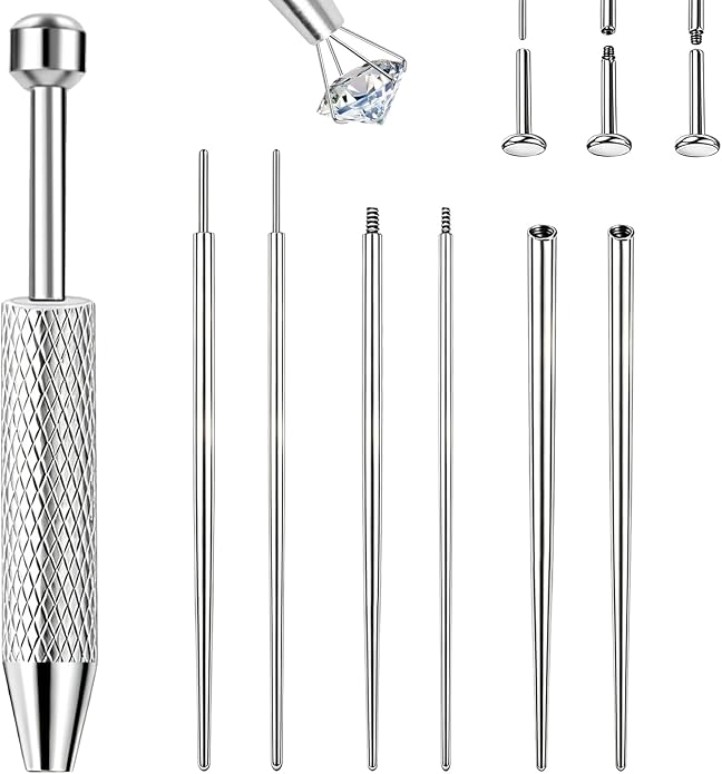 ONESING 2Pcs Piercing Ball Grabber Tool for Changing Jewelry, Stianless Steel Flat Back Earring Applicator Internally Threaded Push Pin Piercing Grabber Tool, Anti Slip 4 Claw Gem Ball Grabber Tool