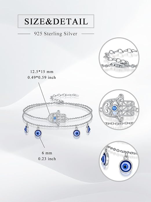 Dragonfly/Evil Eye/Hamsa Evil Eye/Lotus/Mushroom Anklet Bracelets for Women Sterling Silver Adjustable Double Layered Bracelet Anklet Mother's Day Jewelry Gifts Beach Jewelry