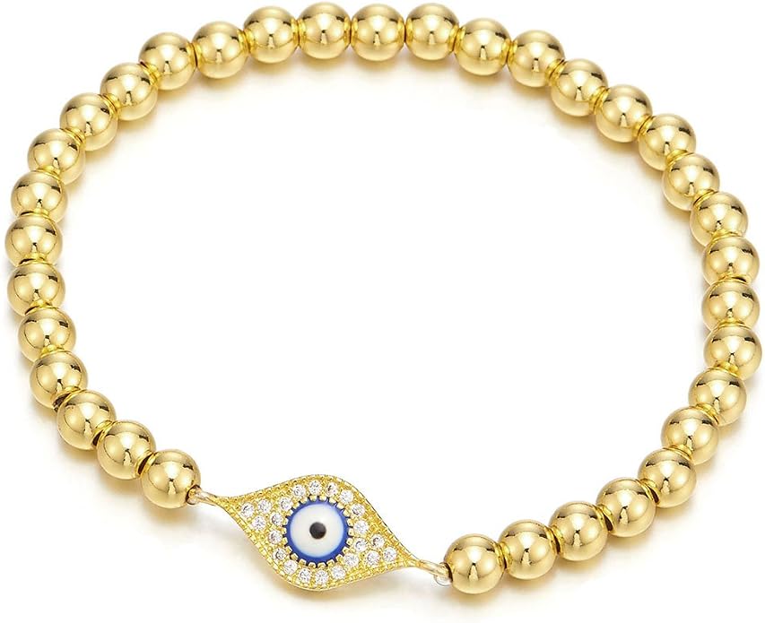 COOLSTEELANDBEYOND Beads Bracelet for Women Men with Cubic Zirconia Protection Evil Eye
