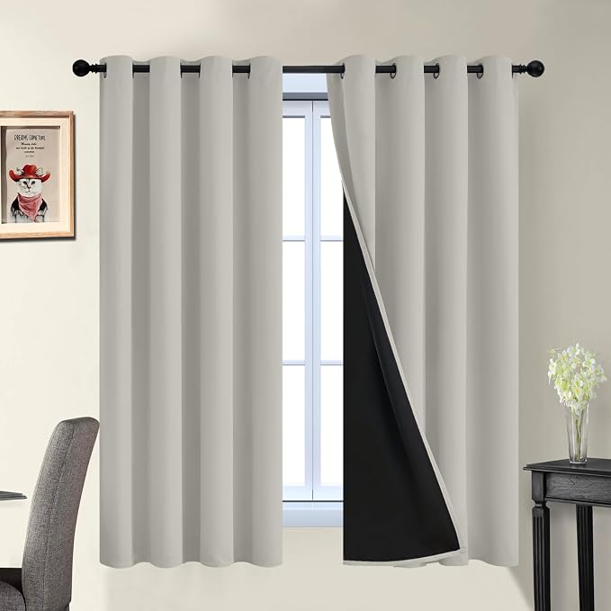 Yakamok Cream Beige 100% Blackout Curtains 63 Inches Long 52" Wide 2 Panels | Blackout Curtain Panels for Bedroom, 2 Thick Layers Grommet Top Thermal Insulated Drapes with Black Liner for Living Room