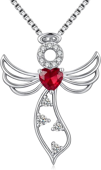 925 Sterling Silver Guardian Angel Pendant Necklace for Women - Birthstone Cubic Zirconia, 18" Chain, Gift for Her