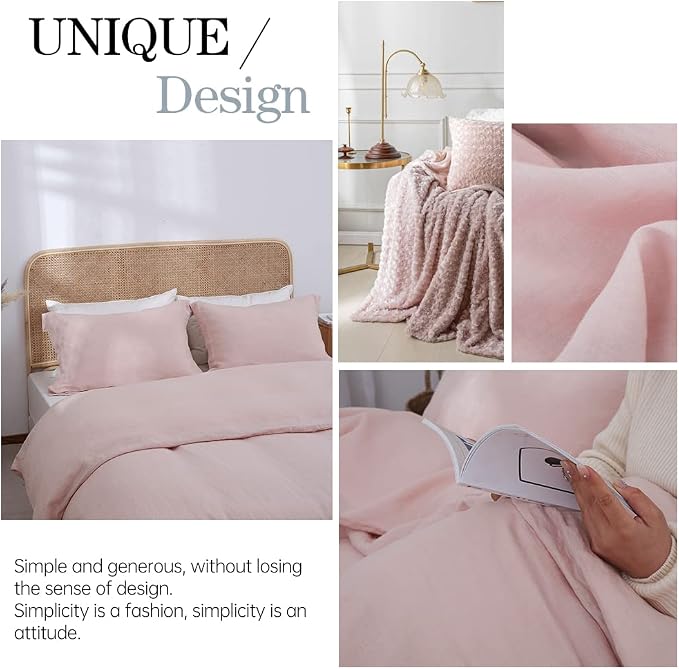 Simple&Opulence 100% Linen Duvet Cover Set 2pcs Basic Style Natural French Washed Flax Solid Color Soft Breathable Farmhouse Bedding with Button Closure - Blush Pink, Twin