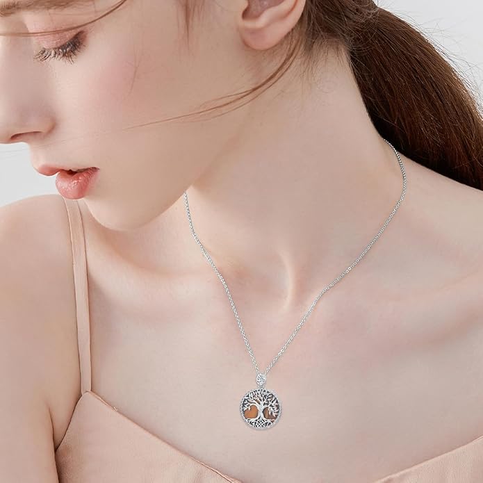 Tree of Life Moissanite Necklace, 925 Sterling Silver 0.5 Carat Moissanite Abalone Shell/Opal/Black Onyx/Turquoise/Malachite/Tiger Eye Stone Tree of Life Pendant Necklaces Jewelry Gift for Women Mom