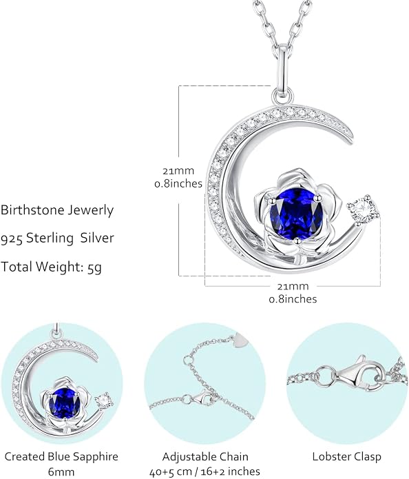 Birthstone Necklace for Women Sterling Silver Moon Pendant Necklaces Anniversary Birthday Fine Jewelry Gifts for Her Women Mother, Adjustable Chain