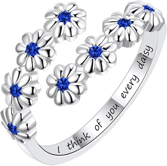 Dainty Daisy Ring for Women, S925 Sterling Silver Cubic Zirconia Sunflower Flower Ring For Daughter, I Think Of You Every Daisy Ring, Birthstone Flower Ring