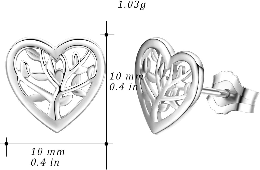 Tree of Life Earrings, 925 Sterling Silver Heart Shaped Studs for Women, Hypoallergenic Earrings for Sensitive Ears Gifts for Women with Gift Box…
