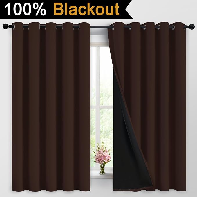 Yakamok Chocolate Brown Blackout Curtains 63 Inches Long 62" Wide, 2 Panels | Blackout Curtain Panels for Bedroom, 2 Thick Layers Grommet Top Thermal Insulated Drapes with Black Liner for Living Room