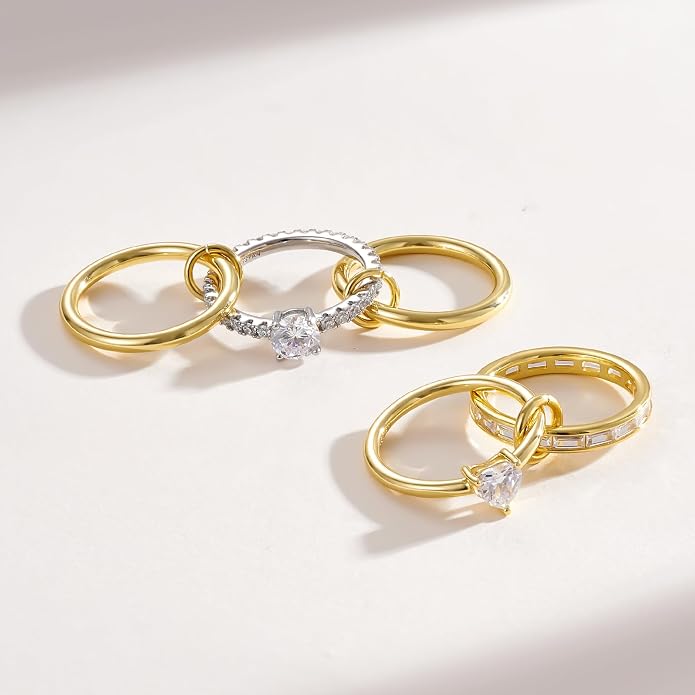 KissYan Stackable Rings for Women, 14k Gold Plate Interlocked Multi Ring Set Dainty Pave CZ Personalized Fashion Two-Toned Mixed Metals Stacking Jewelry Trendy Statement Gift