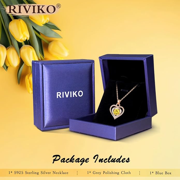 RIVIKO Heart Birthstone Pendant Necklace for Women 925 Sterling Silver Zirconia Necklaces Valentine's Day Anniversary Birthday Mothers Day Jewelry Gifts For Her Mother Wife