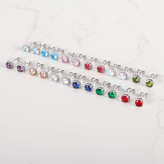 12 Pairs Surgical Stainless Steel Round Birthstone Multi Colored Cubic Zirconia Stud Earrings Set