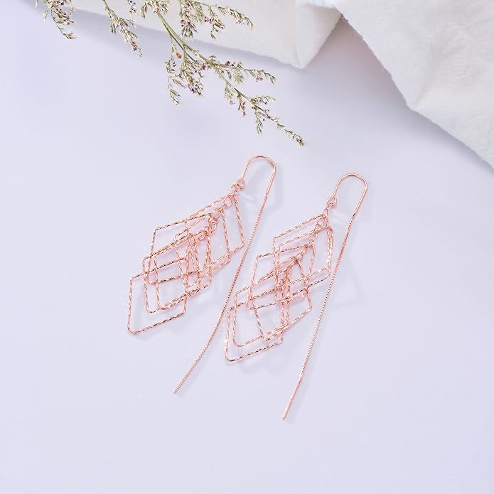 Sterling Silver Threader Earrings Flower Heart Moon Star Tiny Cube Rhombus Sector Beads Dream Catcher Evil Eye Butterfly Leaf Lightning Bolt Tassel Dangle Drop Chain Charm Earrings Jewelry Gifts for Women