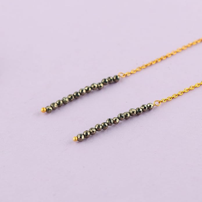 Natural Gemstone Threader Earrings for Women - Dainty 2mm Faceted Beads - Birthstone Crystal Drop Earrings - Silver Plated Healing Jewelry
