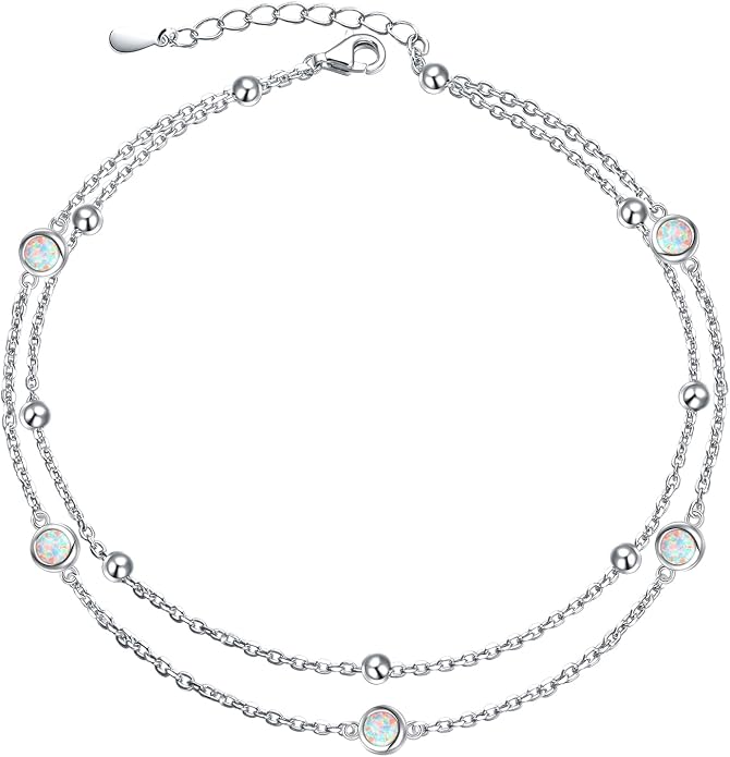 Flyow Anklet for Women S925 Sterling Silver Adjustable Foot Beaded Heart Charm Ankle Bracelet Anklets Jewelry