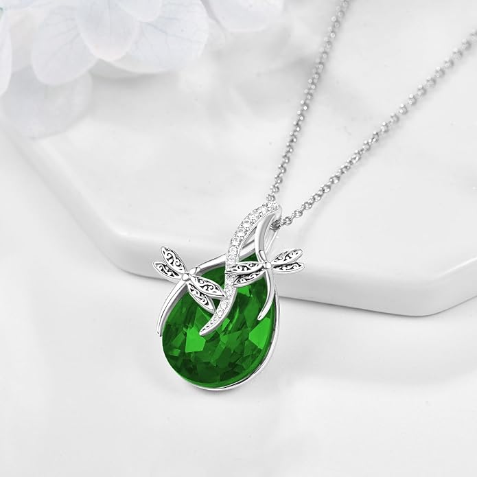 PRAYMOS S925 Sterling Silver Birthstone Necklaces for Women Dainty CZ Necklace Dragonfly Pendant Minimalist Jewelry Gift
