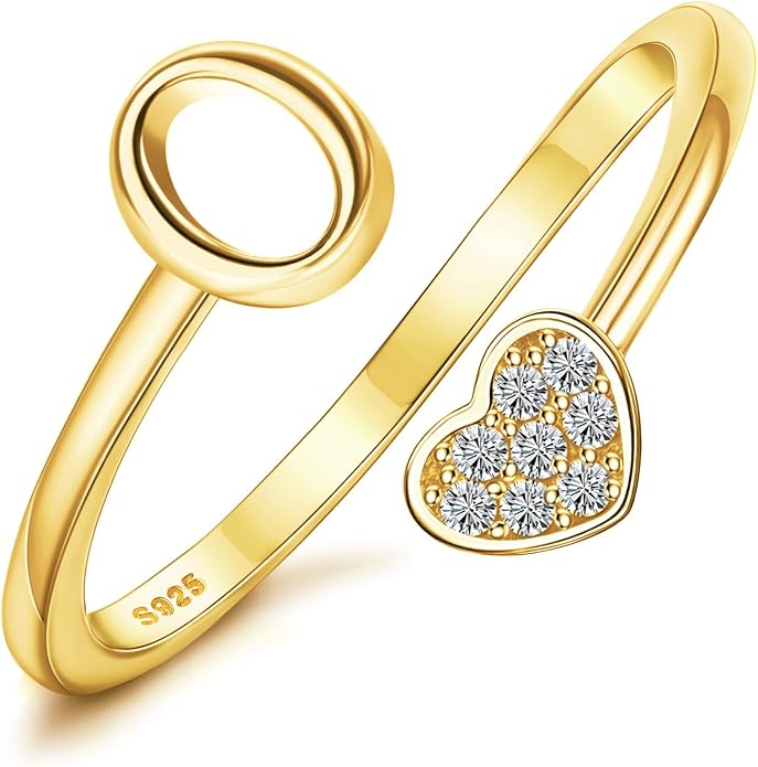 MILACOLATO 925 Sterling Silver Initial Rings for Women Teen Girl 18K Gold Plated Heart Initial Rings Adjustable Capital Letter Ring Stackable Thumb Pinky Rings for Daughter Birthday Bridesmaid Gifts Jewelry, A to Z