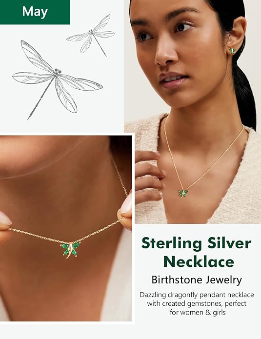 925 Sterling Silver Birthstone Necklaces for Women, Dainty Cute Dragonfly/Butterfly Pendant Necklace, Great Christmas/Anniversary Jewelry for Mother