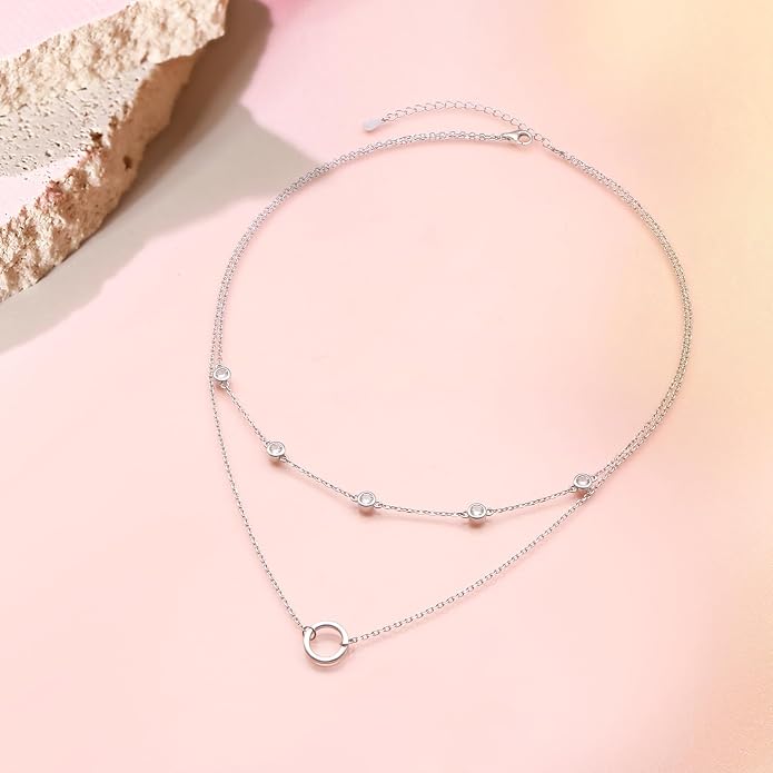 Layered Choker Necklaces for Women S925 Sterling Silver Circle/Heart/Cross/Star Multi Layered Necklace Handmade Bead Chain Adjustable Jewelry for Birthday