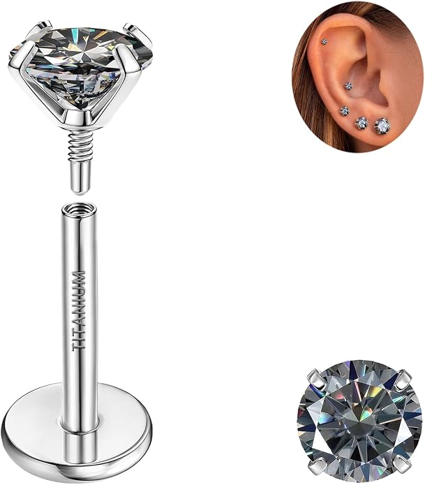 GEMQUEEN Moissanite Earrings G23 Titanium Extended Internal Thread Flat Back Earrings Hypoallergenic Tragus Cartilage Helix Conch Piercing Jewelry for Women Men 18G 6/8mm Post Gray/D Color 0.2-3CT