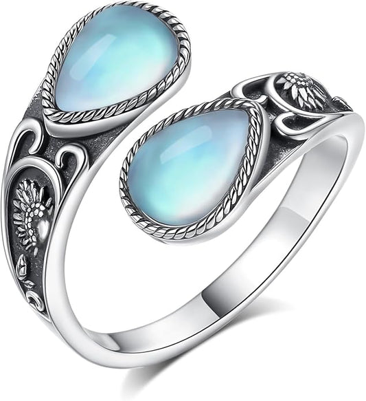 Vito 925 Sterling Silver Adjustable Open Spoon Ring for Women Men, Lotus Sunflower Snake Spoon Band Rings Feather Hug Witches Knot Inspirational Jewelry Gift for Wife