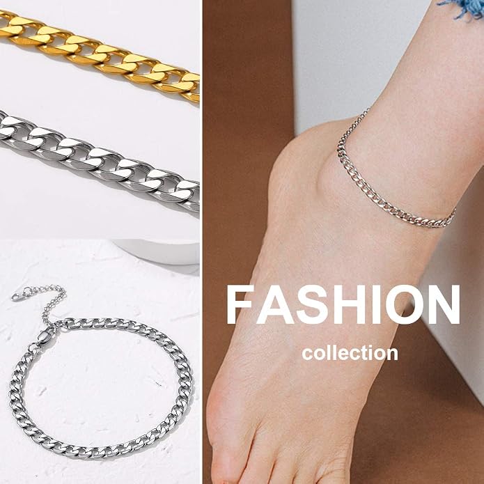 GoldChic Adjustbale Link Chain Anklet for Women Summer Jewelry, 316L Stainless Steel Figaro/Wheat/Twist Rope/Cuban Foot Bracelet-Waterproof, Resizable 9"-12" (Gift Box Included)