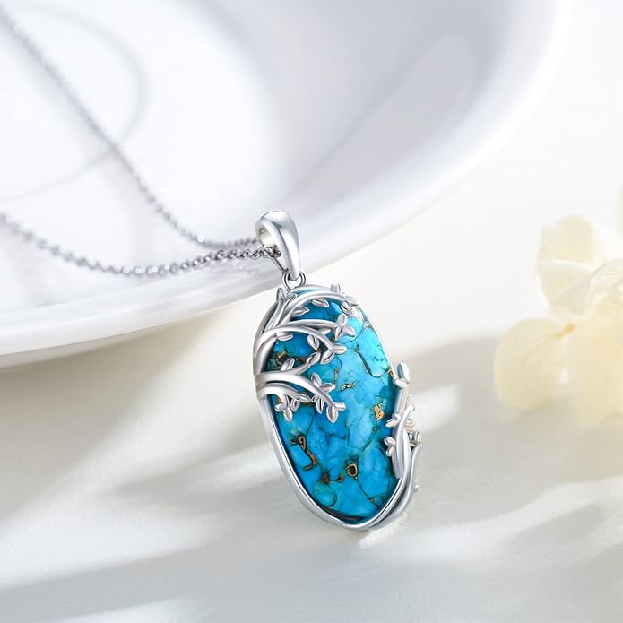 Oval Turquoise Life Of tree Necklace for Women S925 Sterling Silver Family Tree Necklace Lucky Turquoise Jewelry