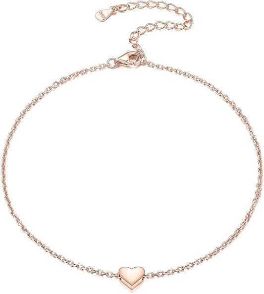 ChicSilver Personalized 925 Sterling Silver Tiny Heart/Moon/Star/Sun/Dot/Triangle Anklets Simple Dainty Foot Jewelry for Women, Silver/Gold Plated/Rose Gold Plated