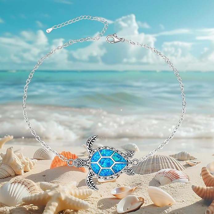Fenthring Turtle Anklets for Women Turtle Ankle Bracelet Blue Opal Sea Sterling Silver Infinity Wave Ocean Beach Summer Jewelry Mothers Day