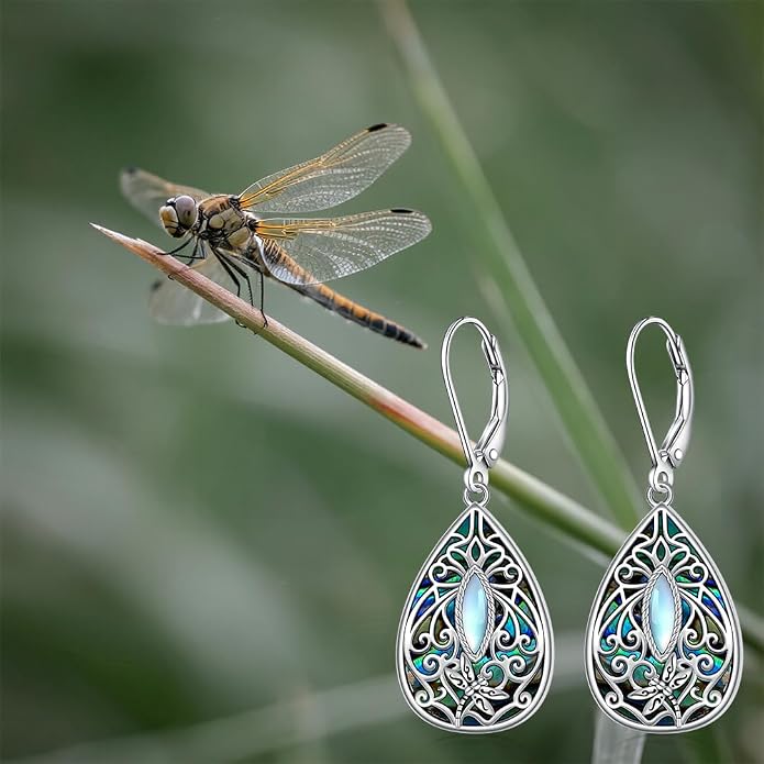 Moonstone Dragonfly Filigree Earrings for Women Sterling Silver Abalone Dragonfly Earrings Teardrop Leverback Dangle Drop Jewelry Gifts