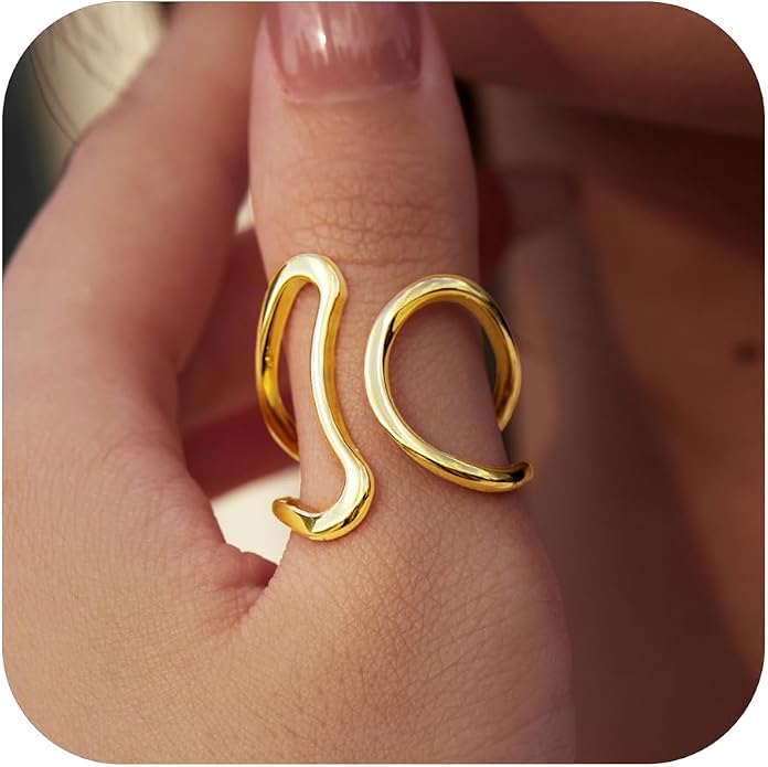Gelbesty Waterproof Gold Statement Rings for Women, 14K Gold Plated Chunky Open Stackable Rings Non Tarnish Fashion Adjustable Stainless Steel Pinky Knuckle Signet Vintage Ring Jewelry Size 5-11